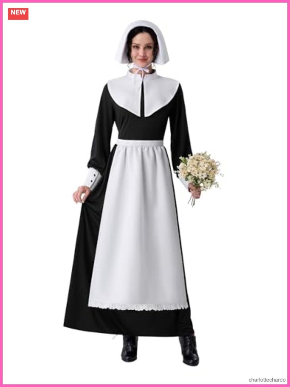 Women's Colonial Pioneer Costume Dress with Hat Halloween Cosplay